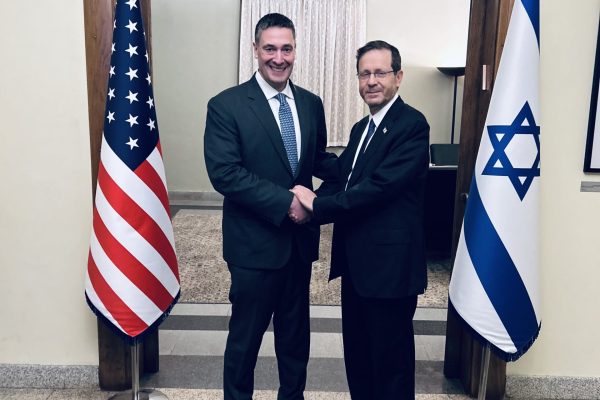 Oren Eisner, President of the Jeffrey M. Talpins Foundation, meets with Israeli President Isaac Herzog.